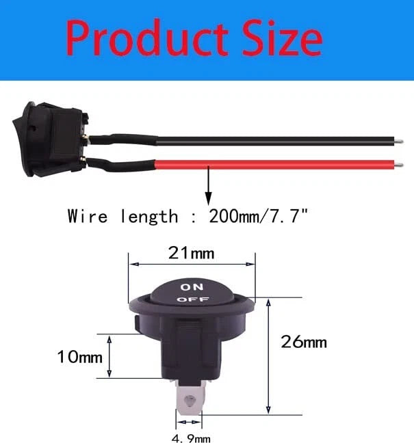 Round rocker Toggle Switch12V ON/Off Switch 12Volt DC 2Pin SPST 6A/250V 10A/125V